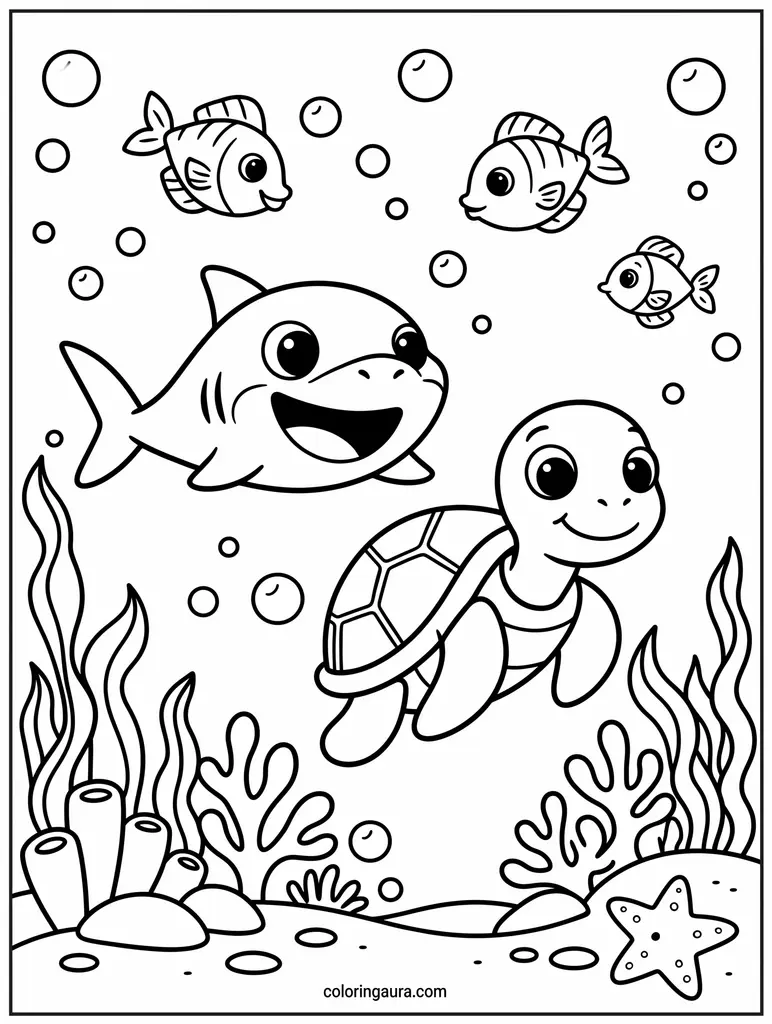 Baby Shark and Sea Turtle Coloring Page