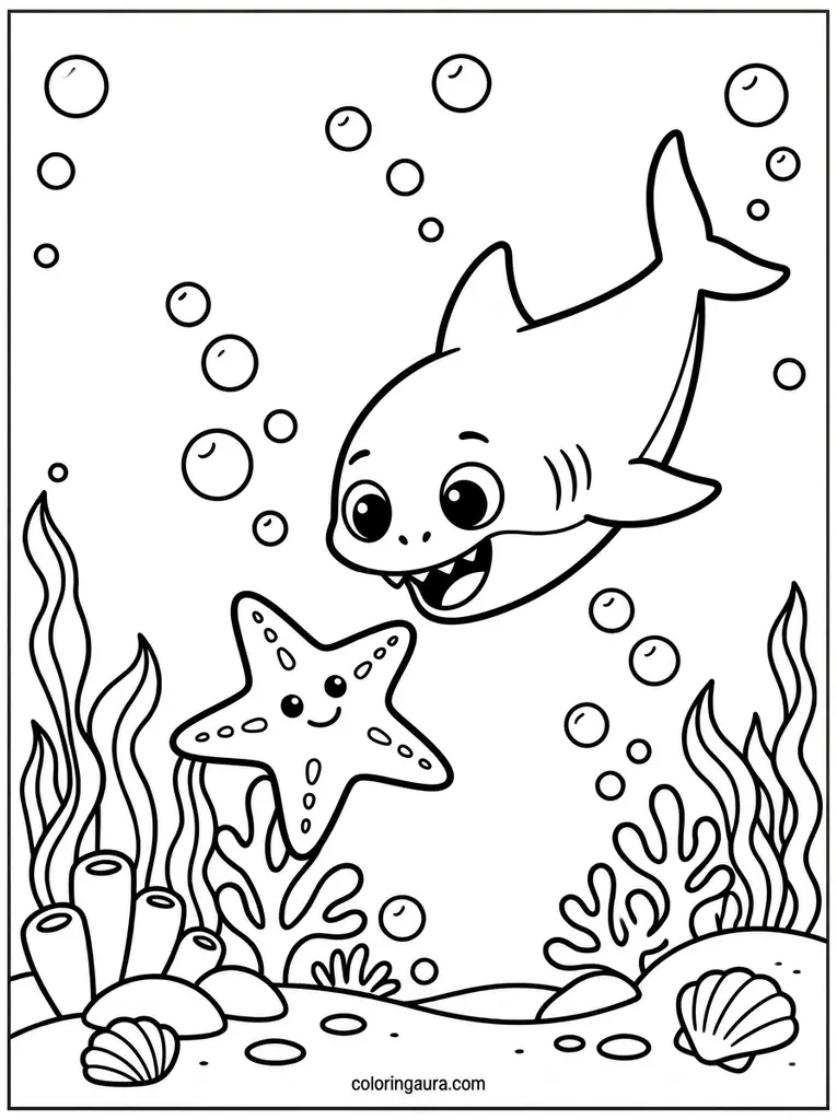 Baby Shark and Starfish Coloring Page