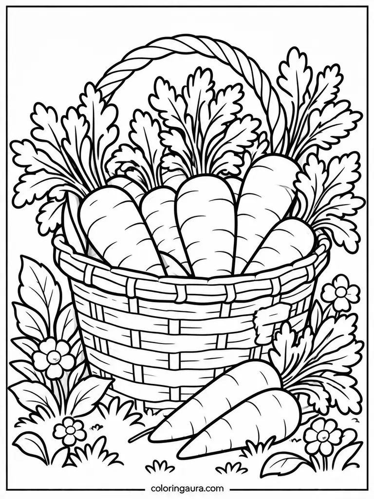 Basket Full of Fresh Carrots Coloring Page