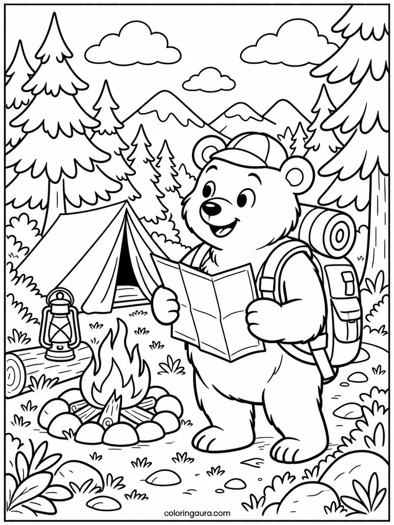 Bear Camping Adventure Coloring Page