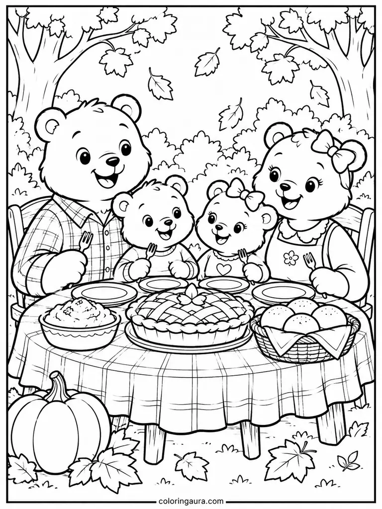 Bear Family Thanksgiving Feast Coloring Page
