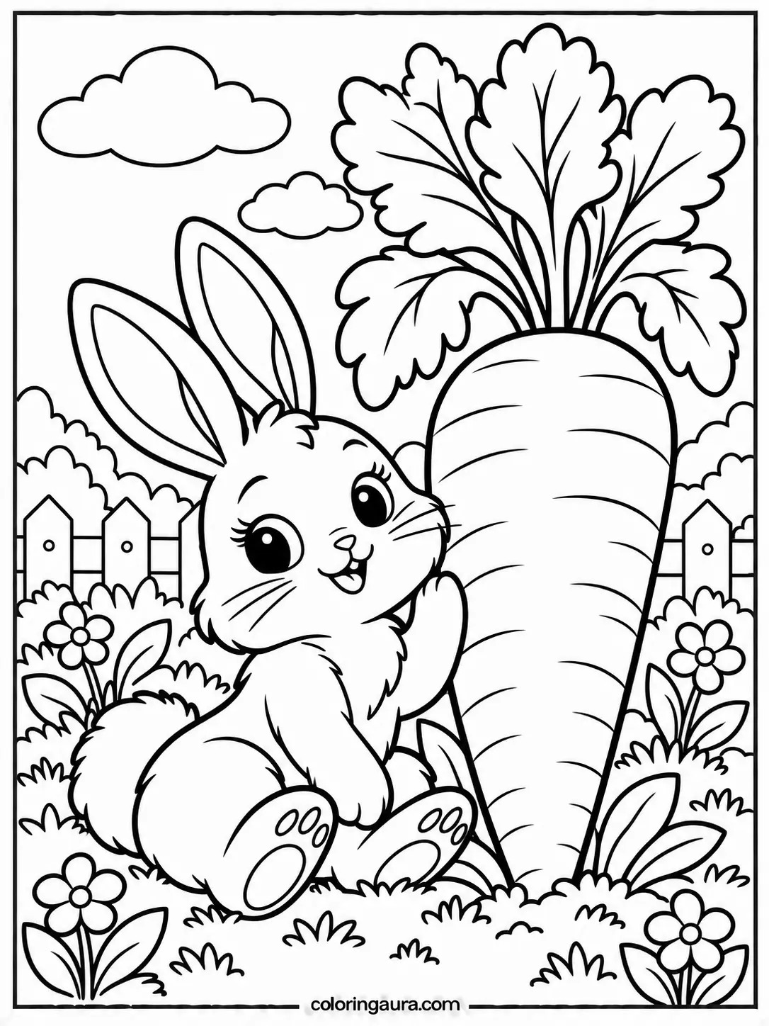 Bunny Beside a Giant Carrot Coloring Page