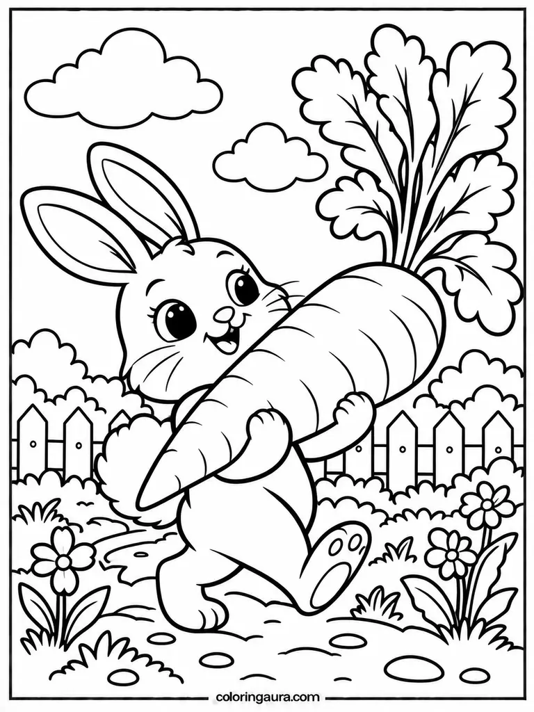Bunny Carrying a Huge Carrot Coloring Page