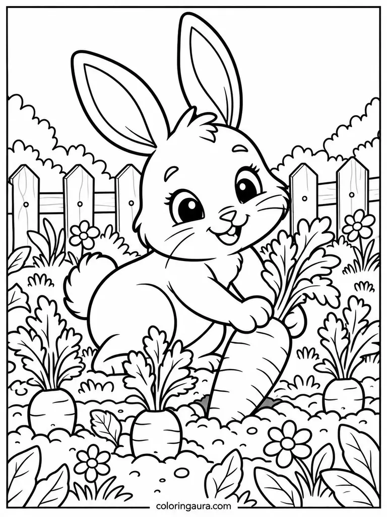 Bunny Finding Carrots in the Garden Coloring Page