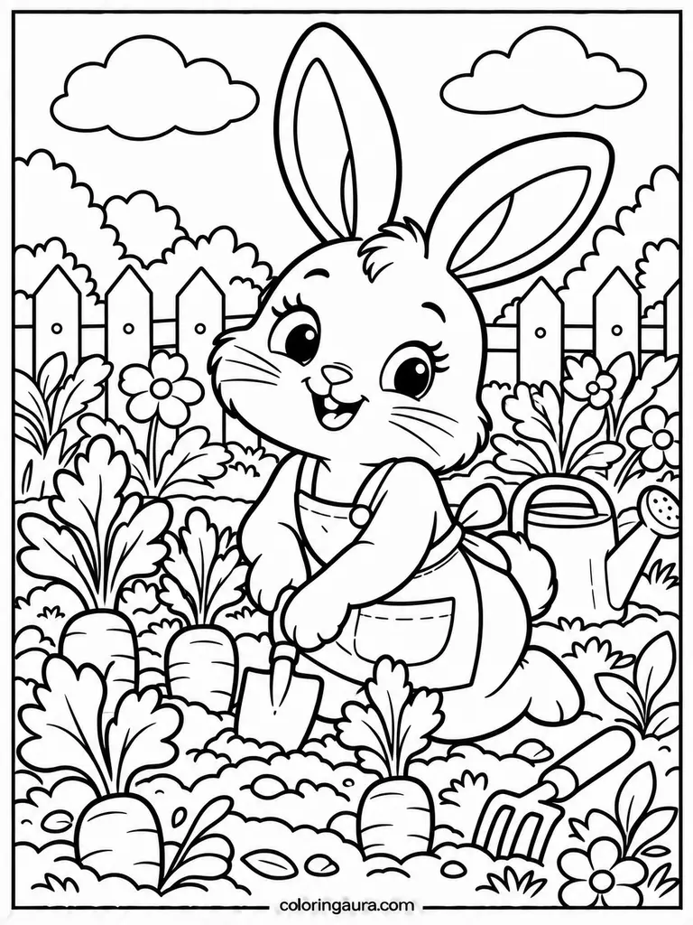 Bunny Gardening with Carrots Coloring Page