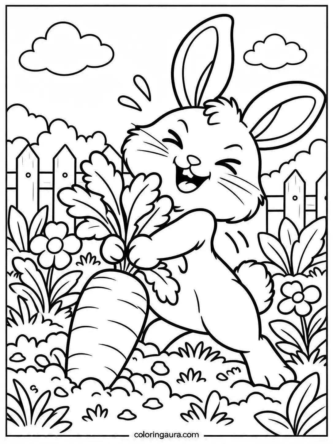 Bunny Pulling a Carrot from the Soil Coloring Page