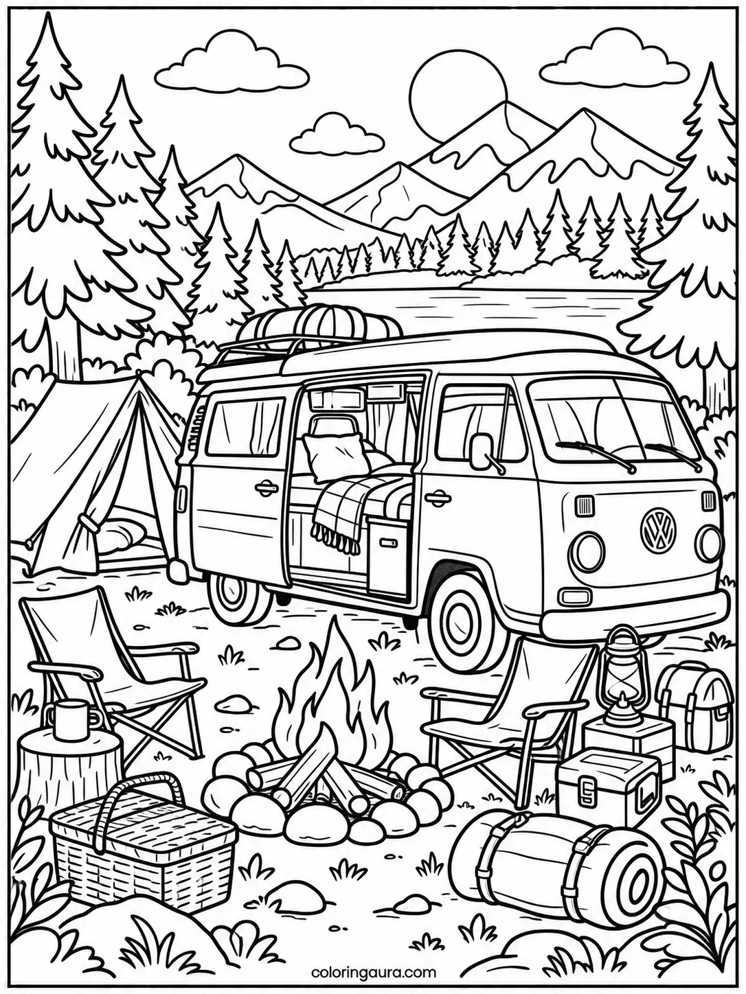 Camper Van Camping Coloring Page
