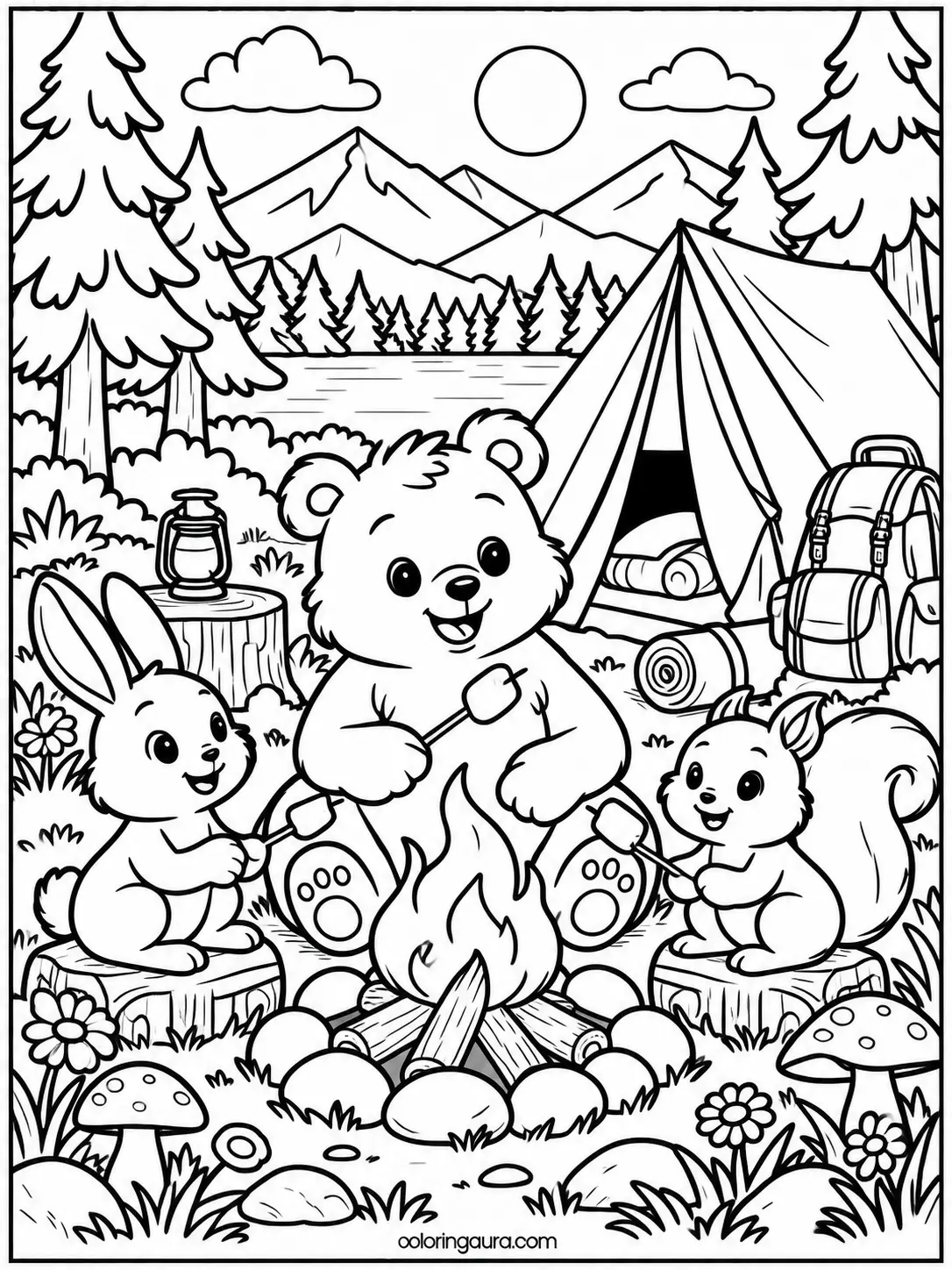 Camping Bear and Woodland Friends Coloring Page
