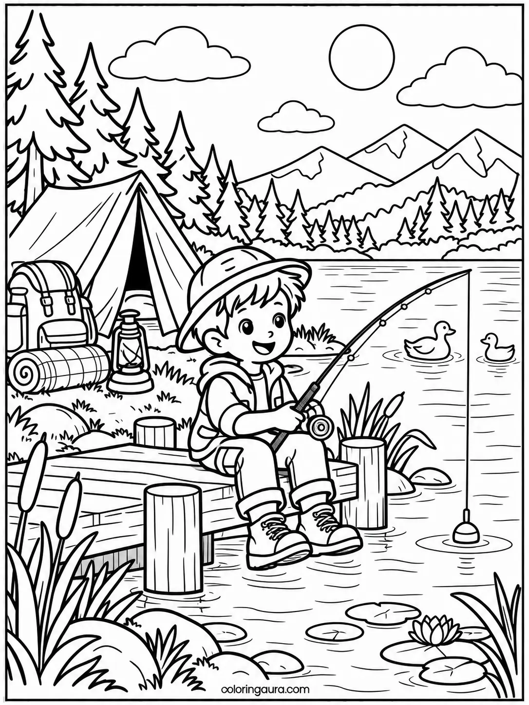 Camping Fishing by the Lake Coloring Page