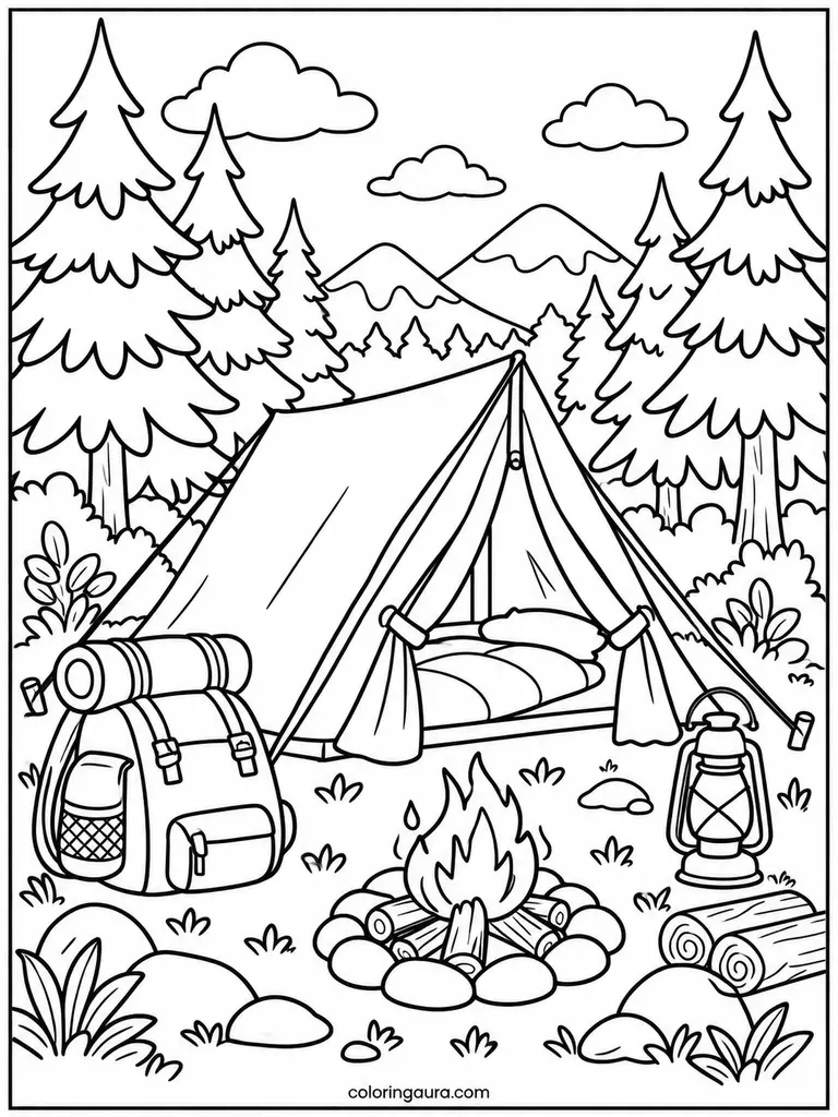 Camping Tent in Forest Coloring Page