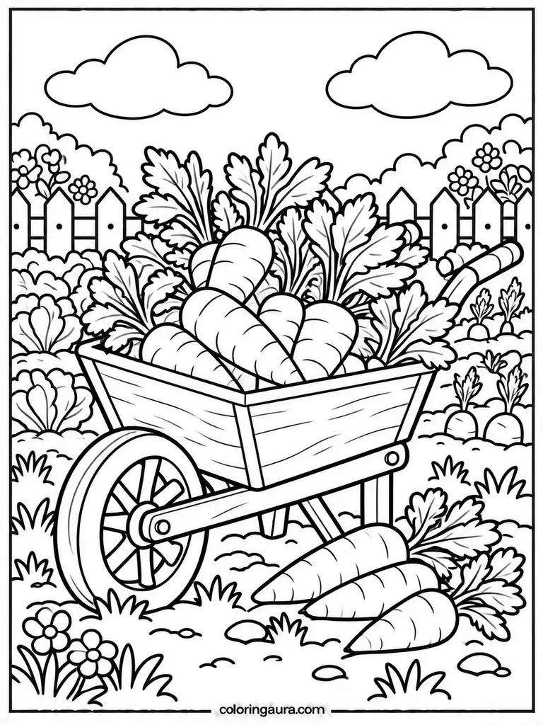 Carrot Harvest Wheelbarrow Coloring Page