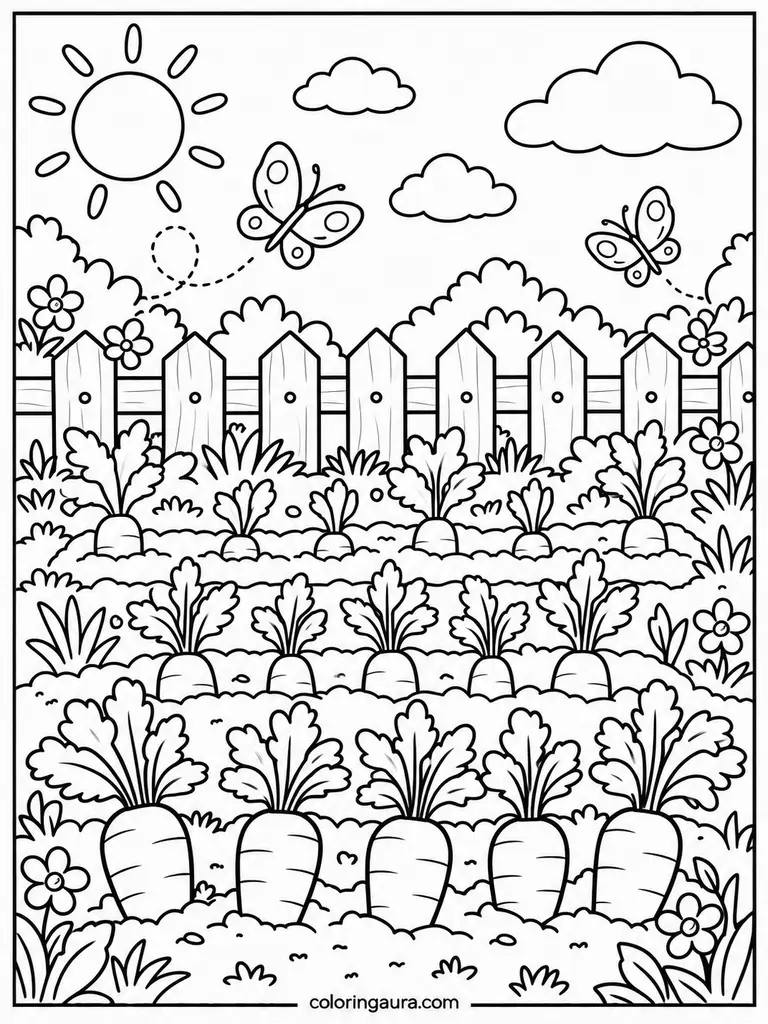 Carrot Patch Garden Fence Coloring Page