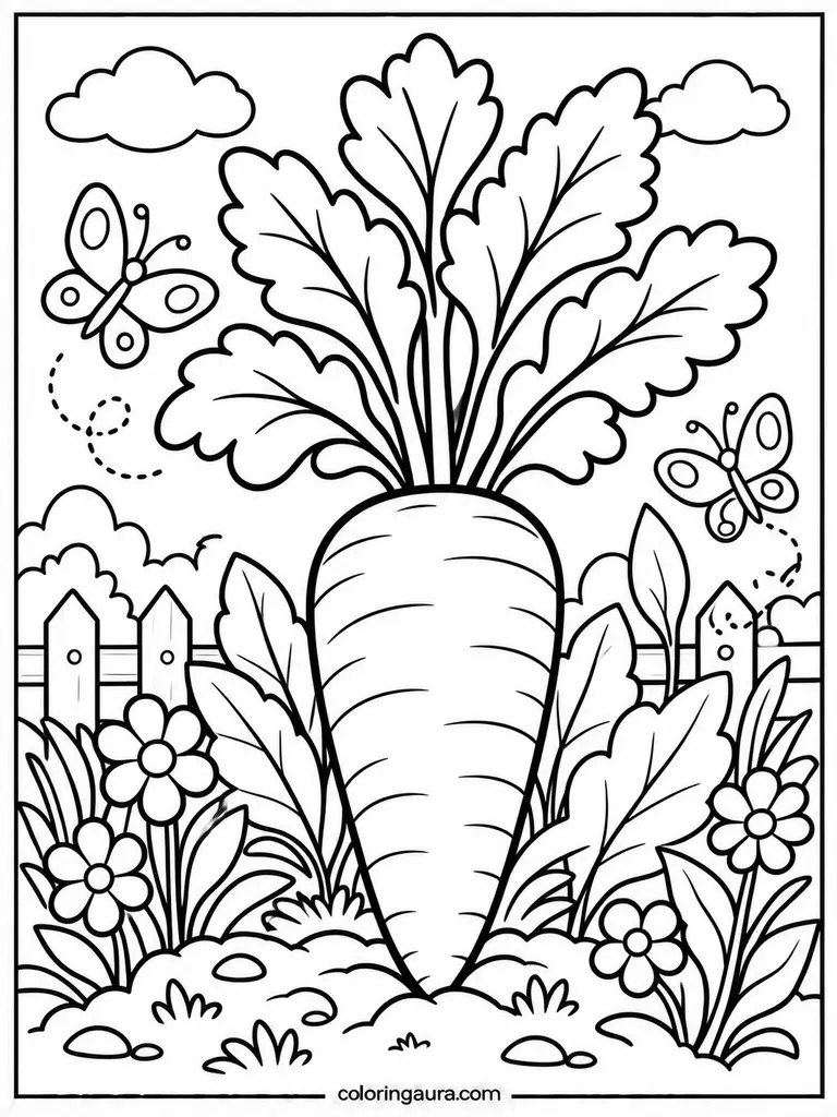 Carrot and Butterfly Garden Coloring Page