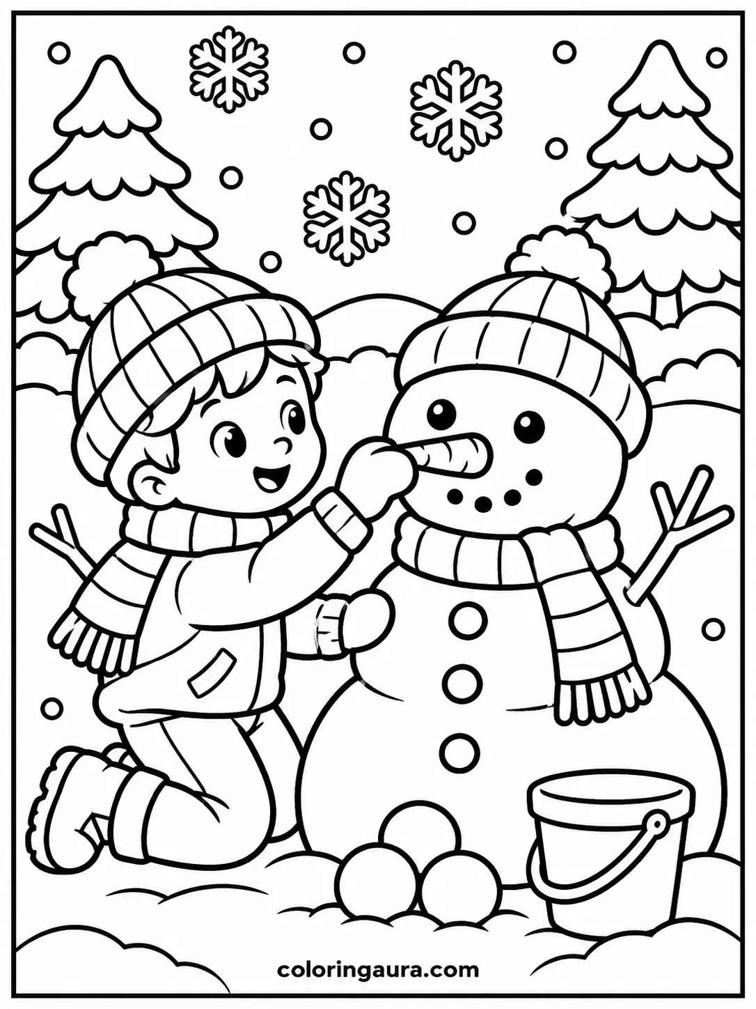 Child Building a Snowman Coloring Page