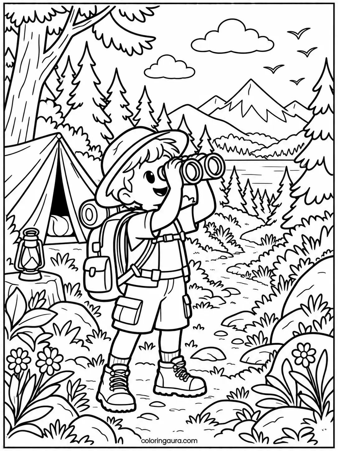 Child Exploring with Binoculars Coloring Page