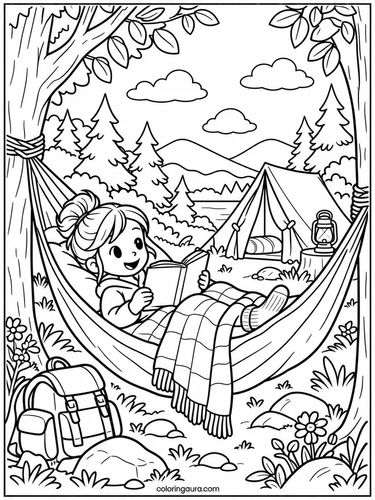 Child Relaxing in Hammock Coloring Page
