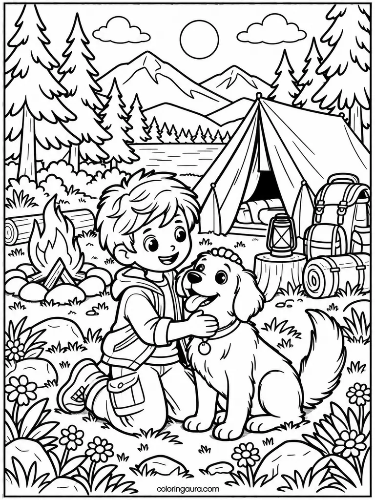 Child and Dog Camping Coloring Page