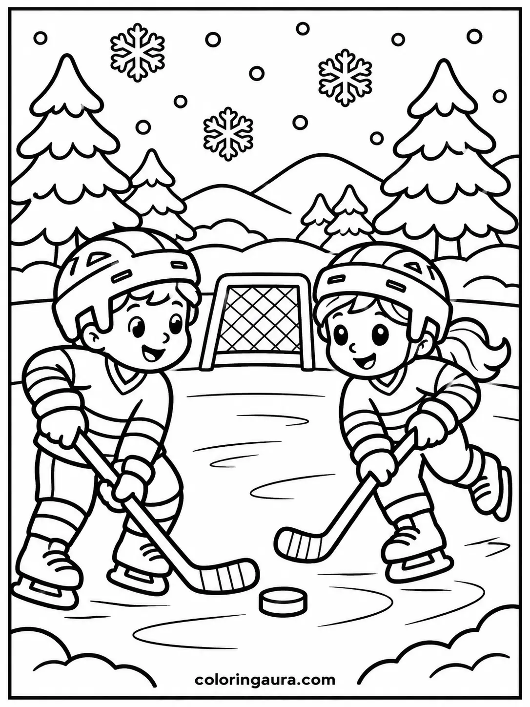 Children Playing Ice Hockey Coloring Page