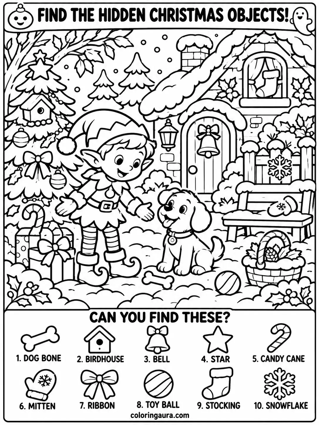 Christmas Elf and Puppy Coloring Page