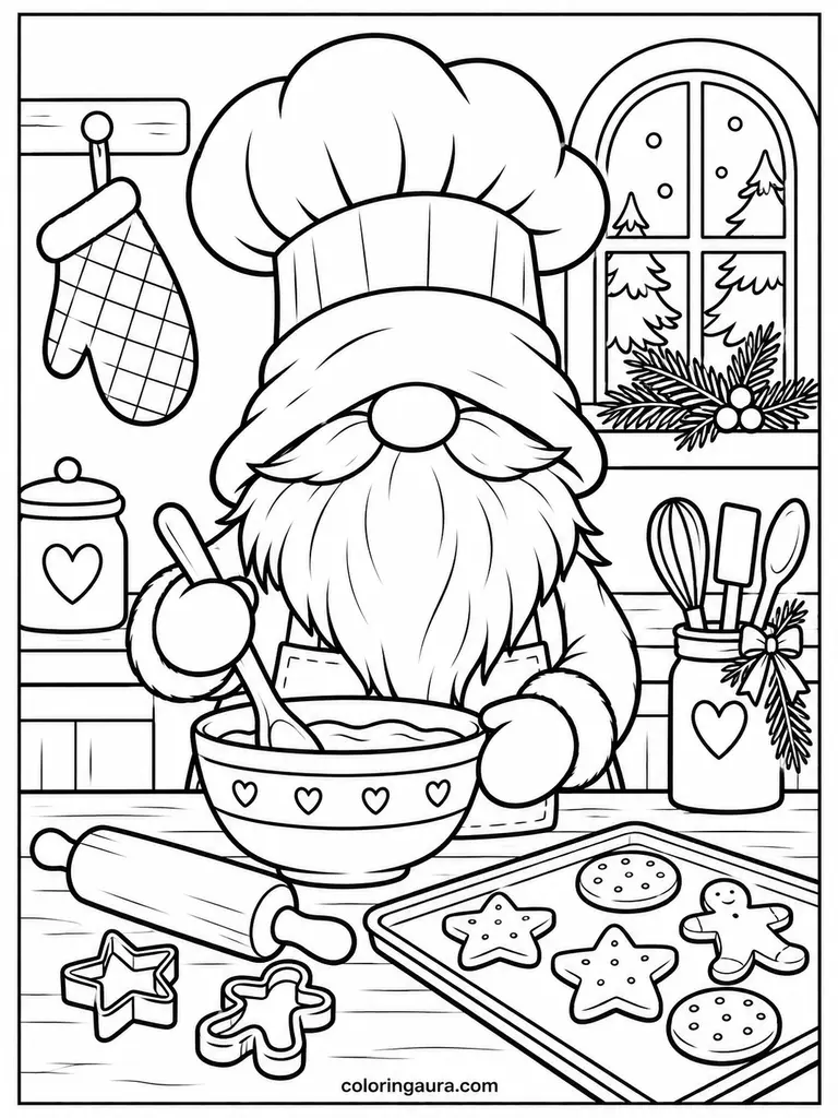 Christmas Gnome Baking Cookies Coloring Page