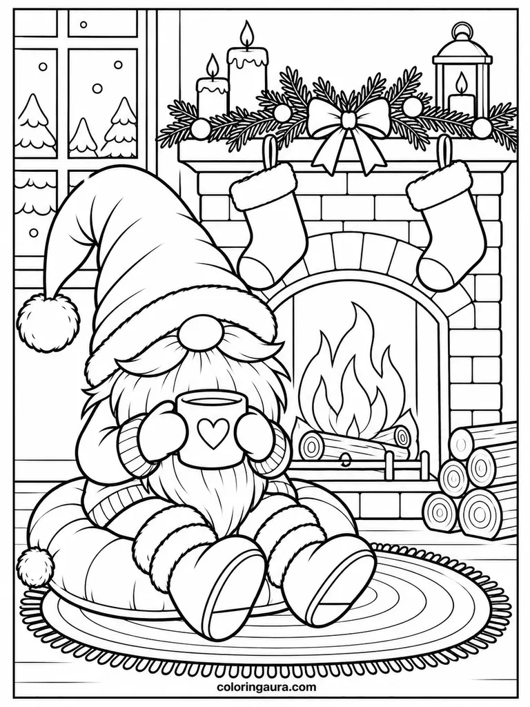 Christmas Gnome Beside a Fireplace Coloring Page