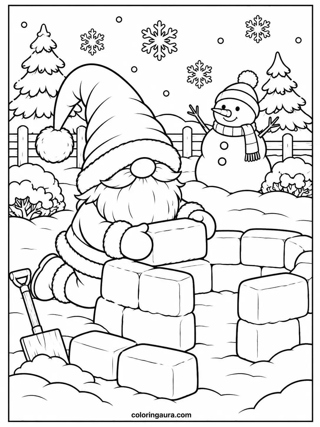 Christmas Gnome Building a Snow Fort Coloring Page