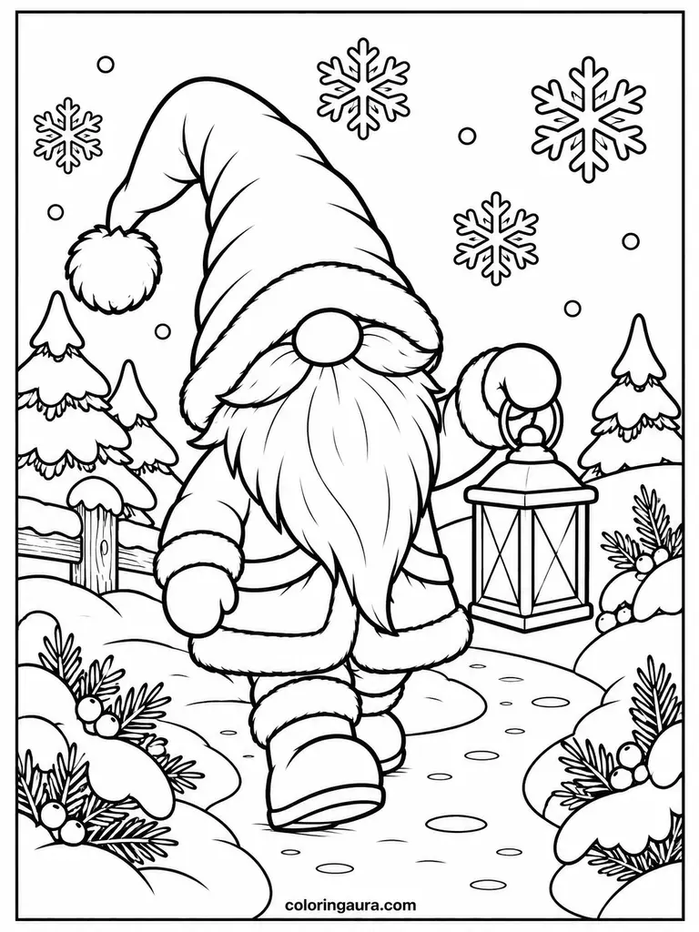 Christmas Gnome Carrying a Lantern Coloring Page