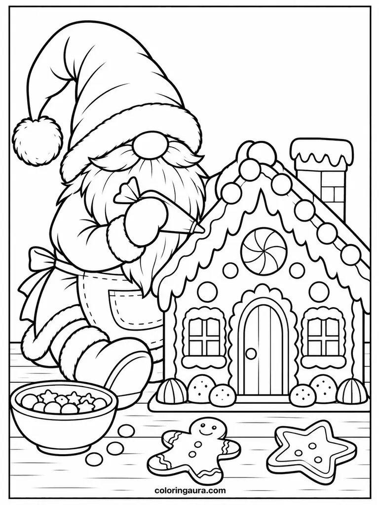 Christmas Gnome Decorating a Gingerbread House Coloring Page