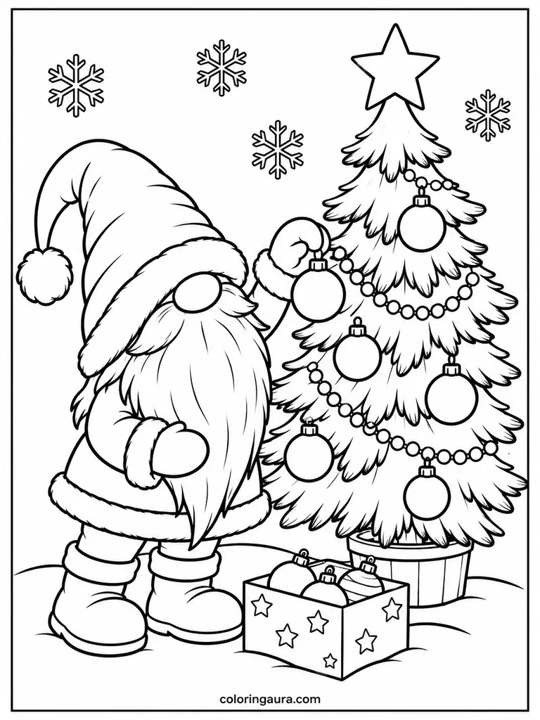 Christmas Gnome Decorating a Tree Coloring Page