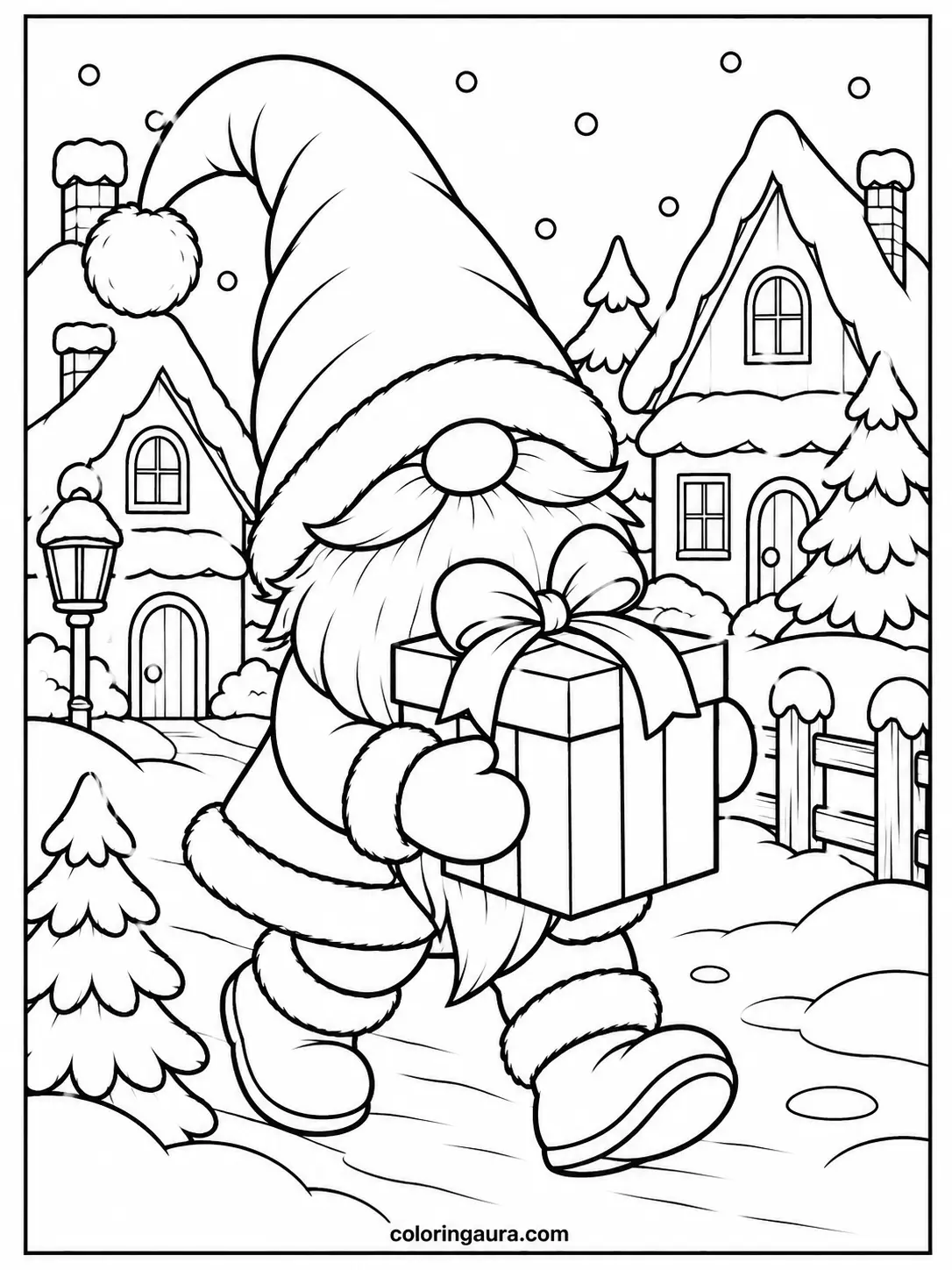 Christmas Gnome Delivering a Present Coloring Page