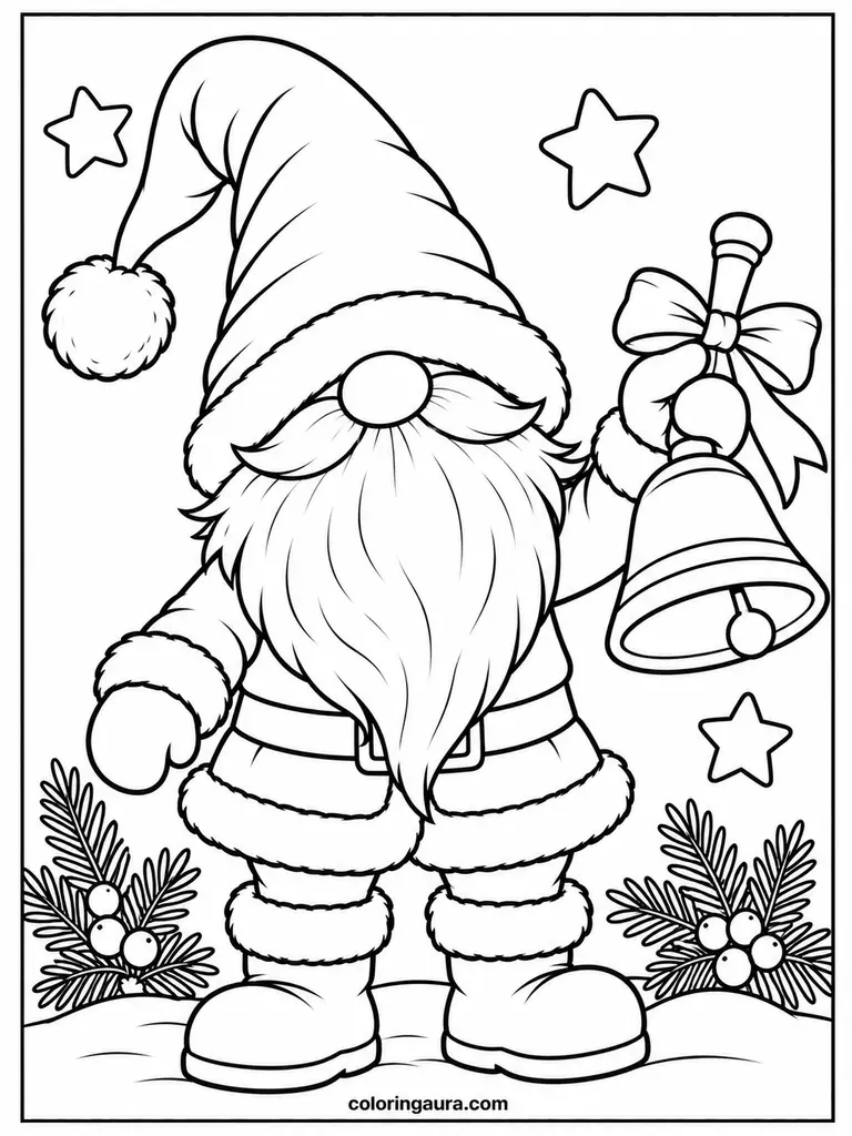 Christmas Gnome Holding a Bell Coloring Page