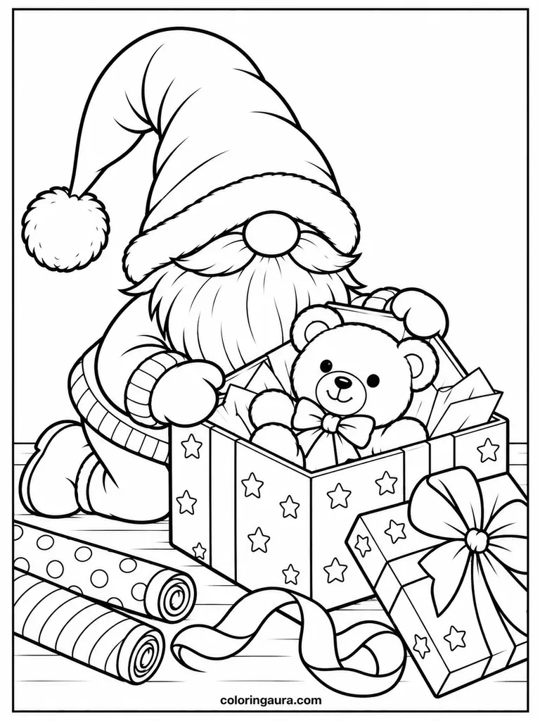 Christmas Gnome Opening a Gift Coloring Page
