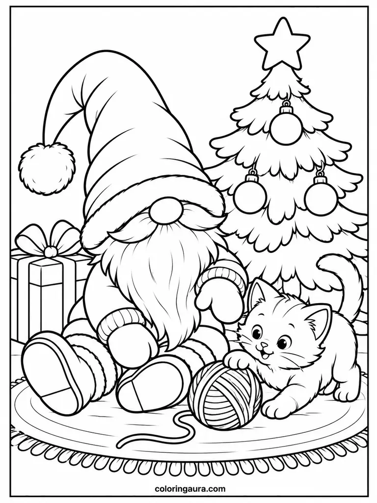 Christmas Gnome Playing with a Kitten Coloring Page