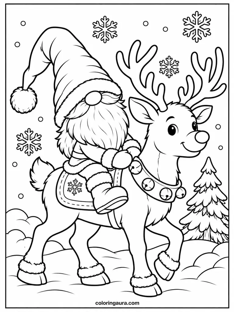 Christmas Gnome Riding a Reindeer Coloring Page