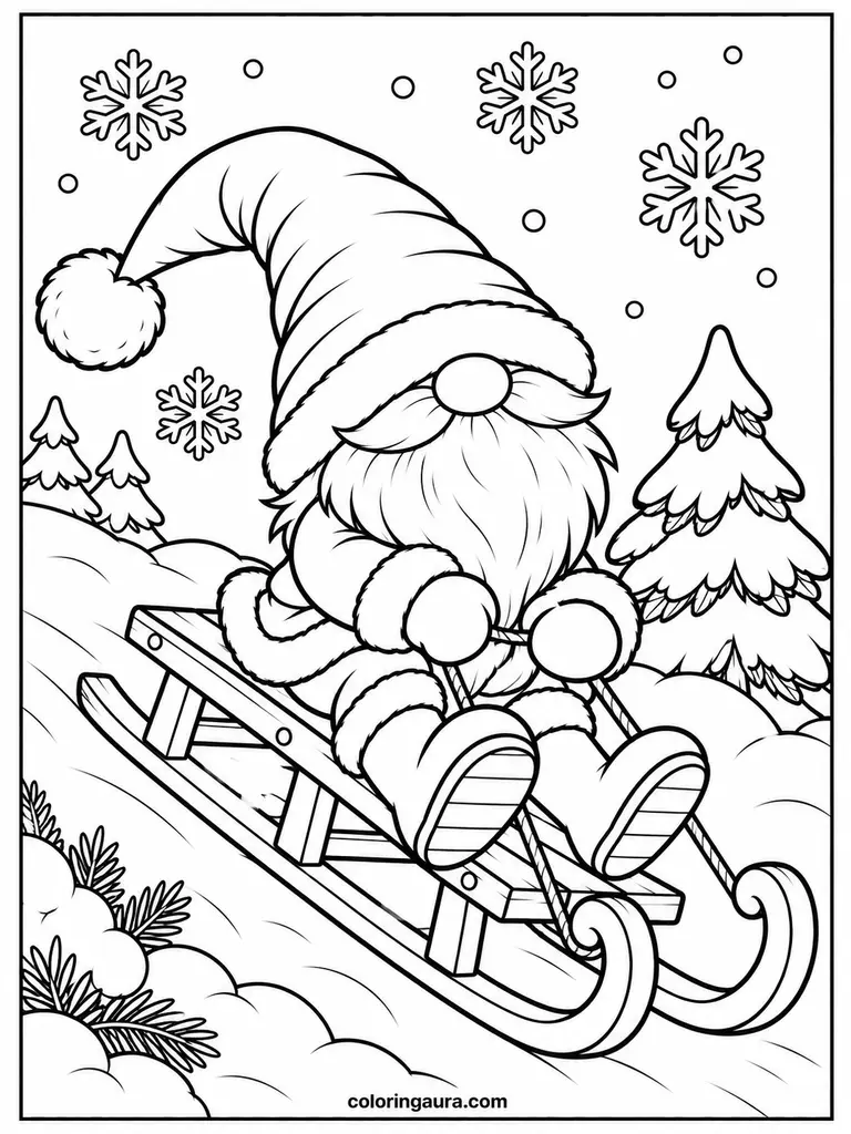 Christmas Gnome Riding a Sled Coloring Page