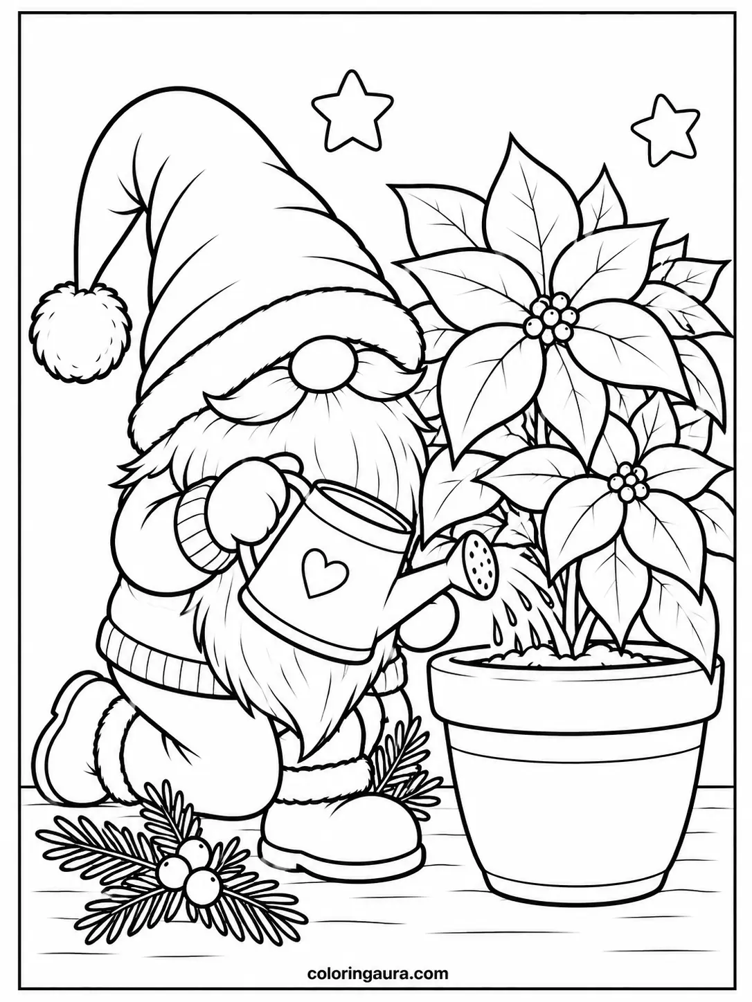 Christmas Gnome Watering a Poinsettia Coloring Page