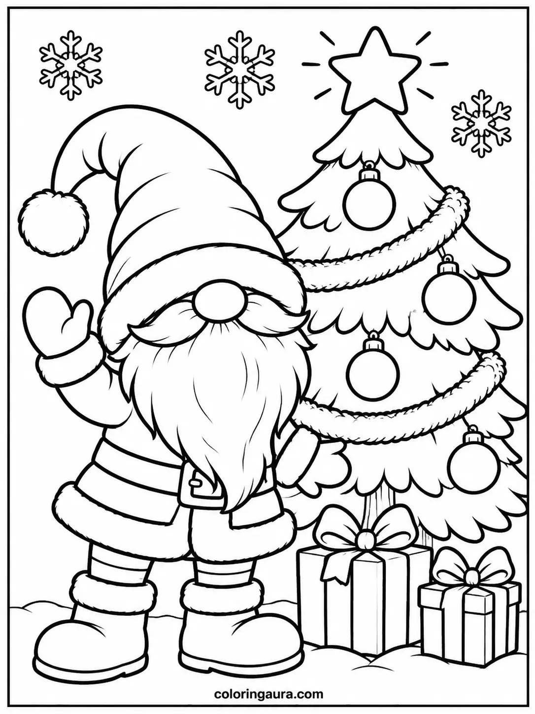 Christmas Gnome Waving Beside a Tree Coloring Page