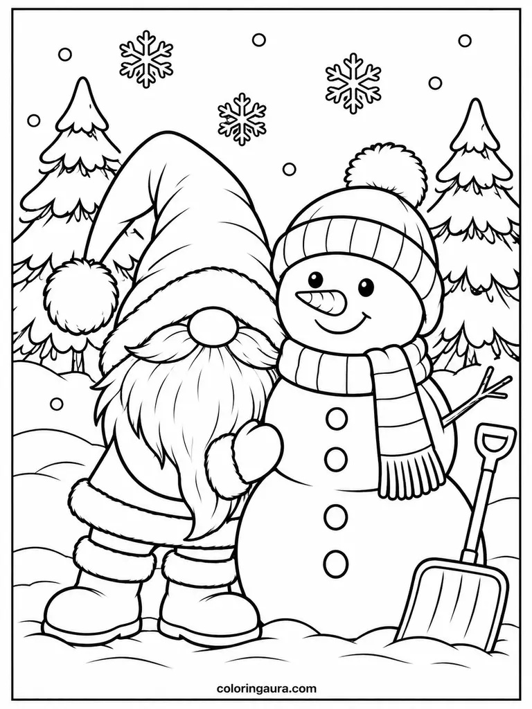 Christmas Gnome and Snowman Coloring Page