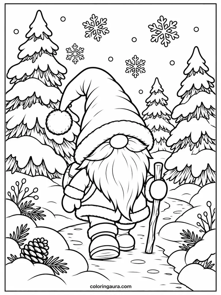 Christmas Gnome in a Snowy Forest Coloring Page