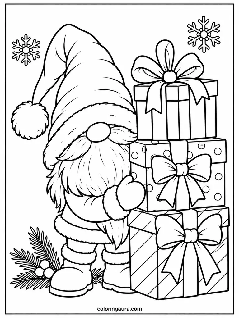 Christmas Gnome with Wrapped Presents Coloring Page