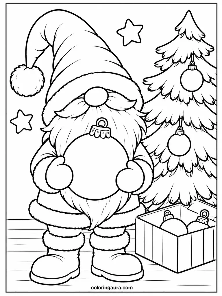 Christmas Gnome with a Giant Ornament Coloring Page