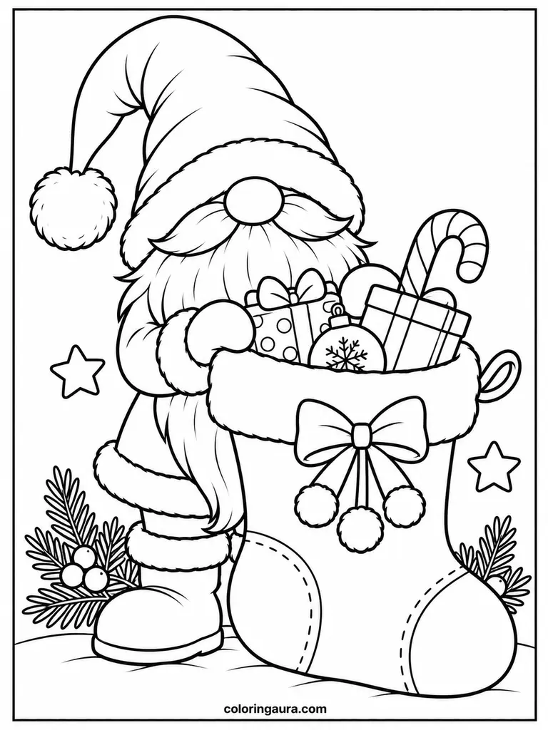 Christmas Gnome with a Giant Stocking Coloring Page