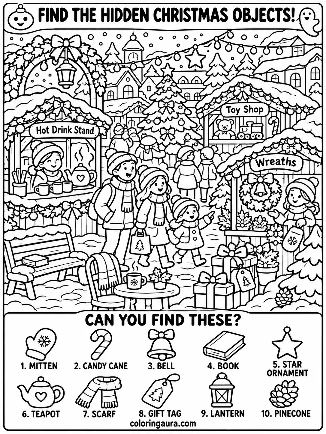 Christmas Market Seek and Find Coloring Page