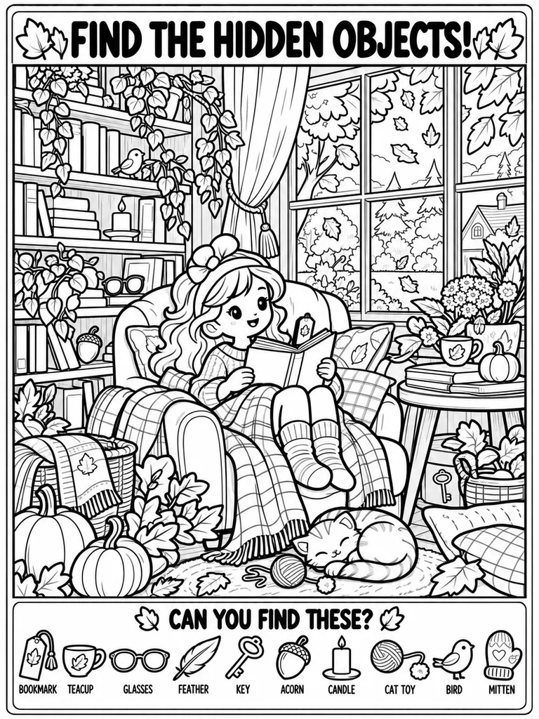Cozy Autumn Reading Corner Coloring Page