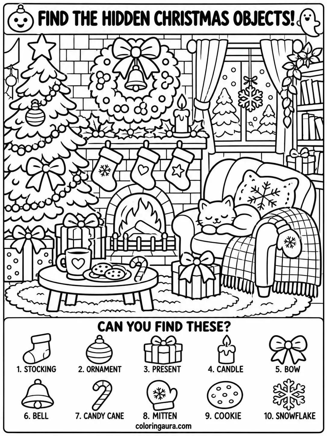 Cozy Christmas Living Room Coloring Page