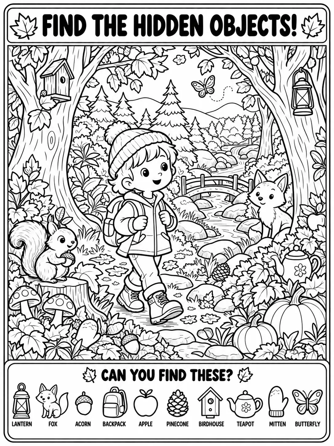 Cozy Fall Forest Hidden Objects Coloring Page