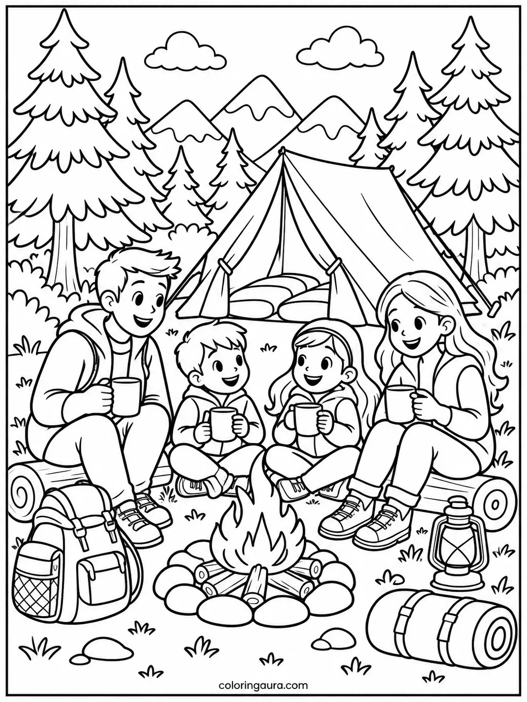 Cozy Family Camping Coloring Page