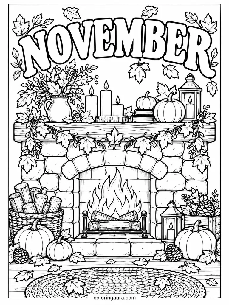 Cozy November Fireplace Coloring Page