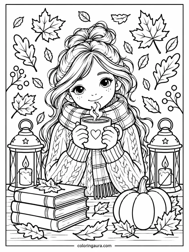 Cozy November Girl Coloring Page