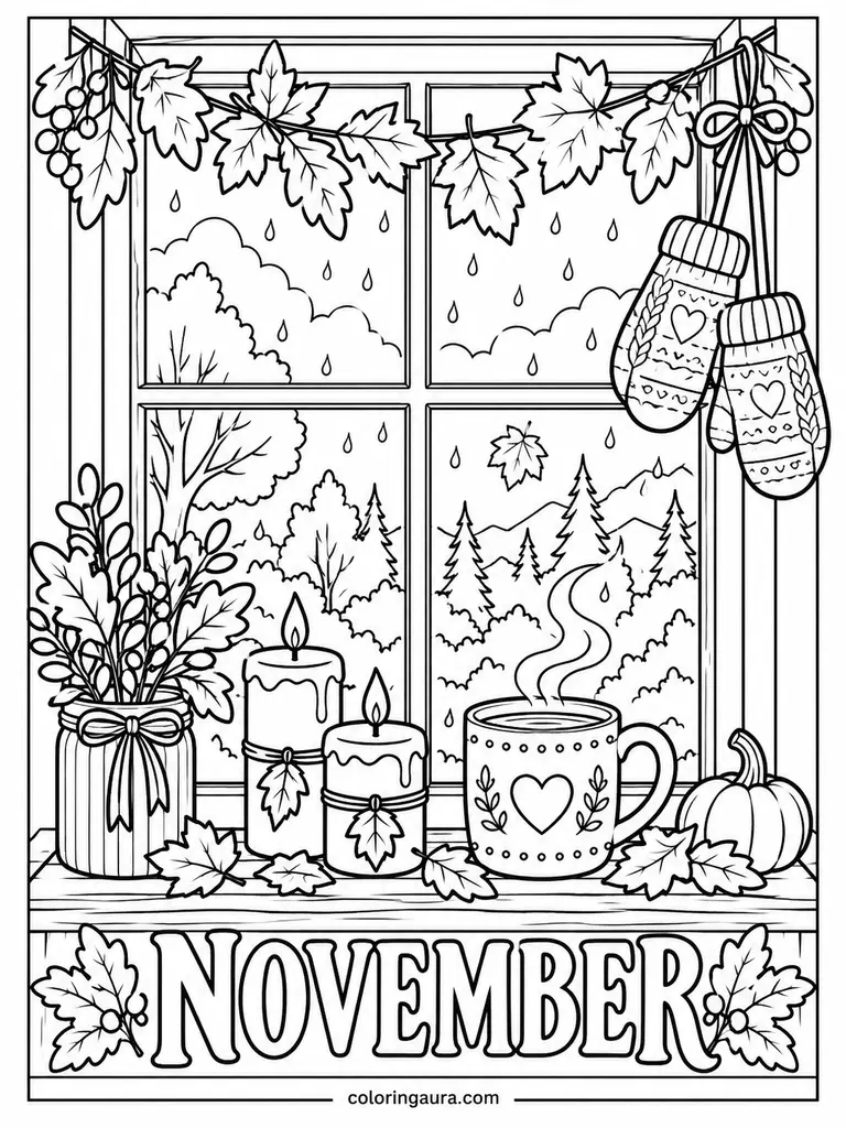 Cozy November Window Coloring Page